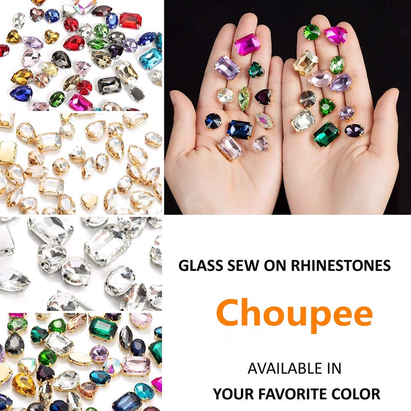 Choupee Sew On Rhinestones, Choupee 48PCS Mixed Shapes Flatback Sew On Glass Rhinestone Sewing Claw Rhinestone for Craft, Clothes, Garments, Dress, Earring, Belt and Shoes (Mixed, Gold Claw) - Image 4